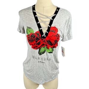Rebellious One Juniors' Wild Child‎ Lace up Graphic T-Shirt Size XS Flower